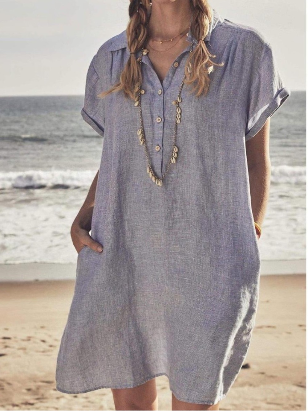 Faherty Hana Linen Shirt Dress CSCasual Short Sleeve Linen Dress Light Chambray